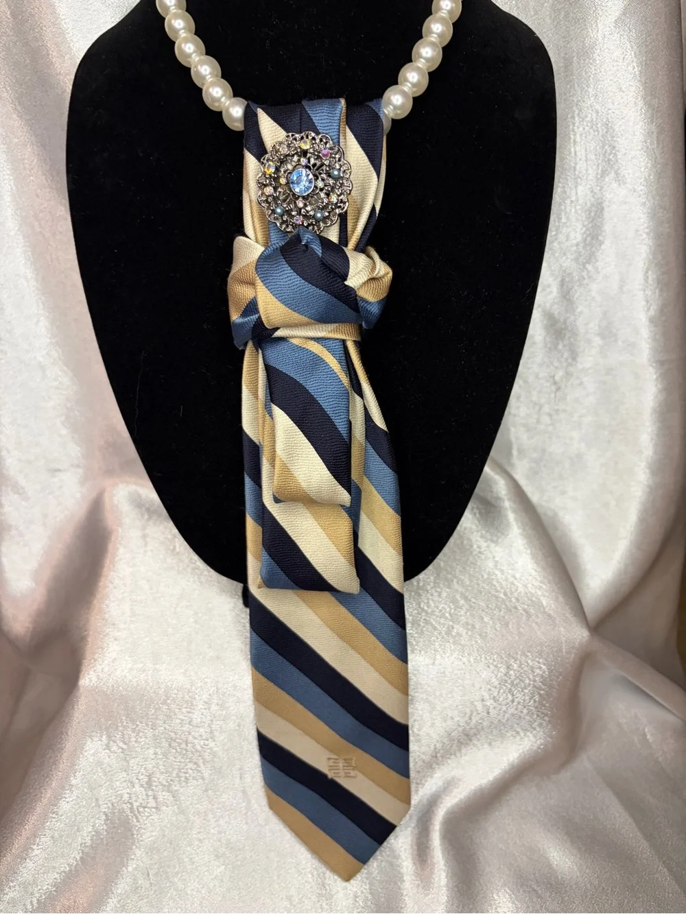 Givenchy Striped Silk Tie Necklace Accent in Navy, Light Blue & Gold